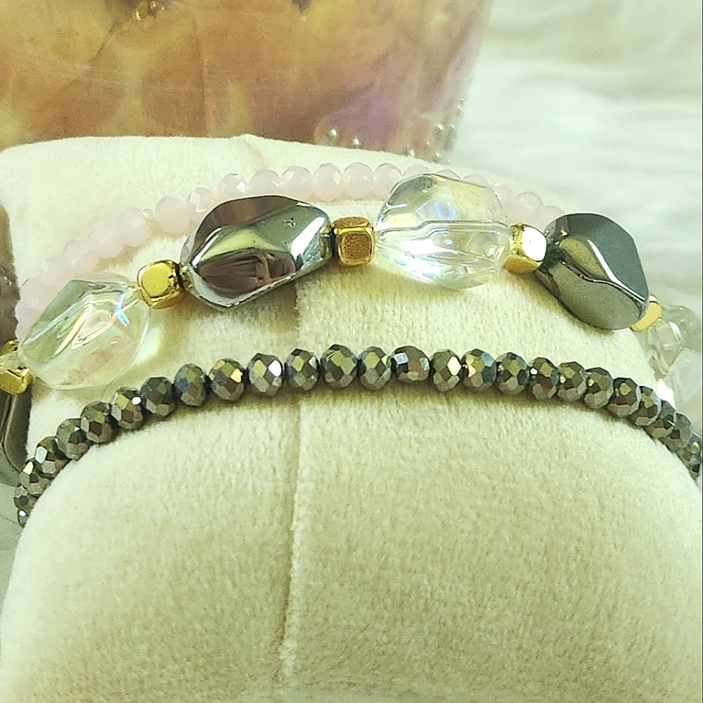 NWT Ryze Iridescent, Chrome, and Pale Pink Colored Beaded Staxx Bracelets - Picture 3 of 6